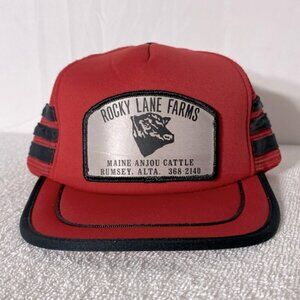 Vintage Red Black Rocky Lane Farms Mesh Back Snap Back Trucker Hat